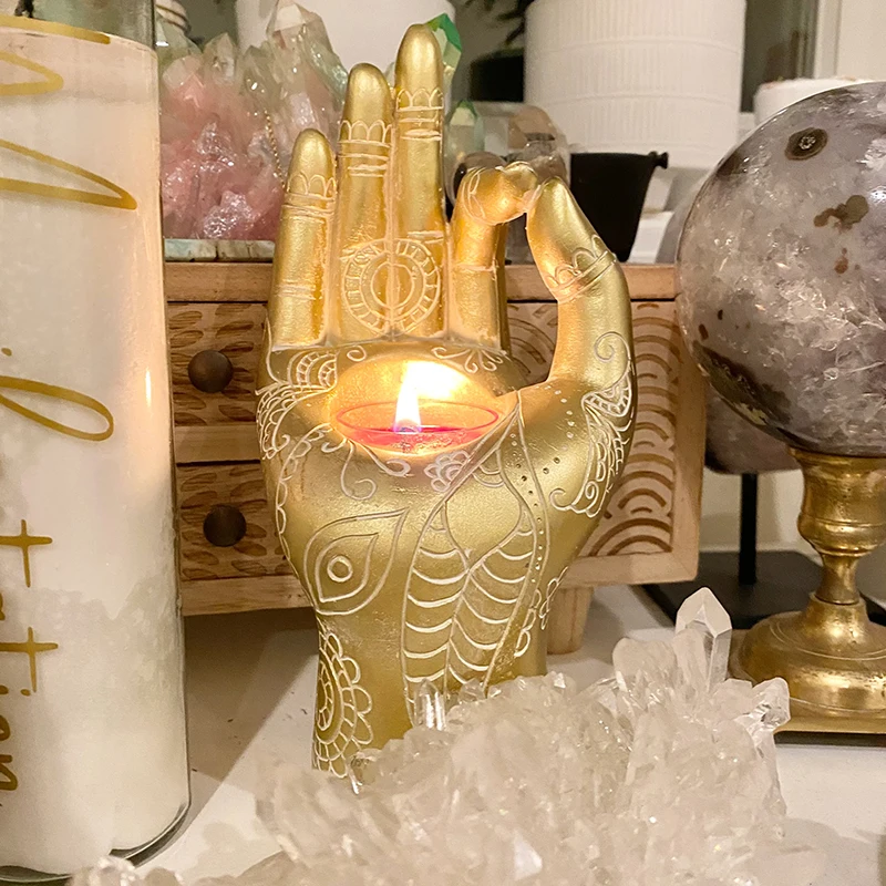 Zen Meditation Mudra Hand Tabletop Tealight Decor Figurines Resin Buddha Hand Candle Holder Sculpture