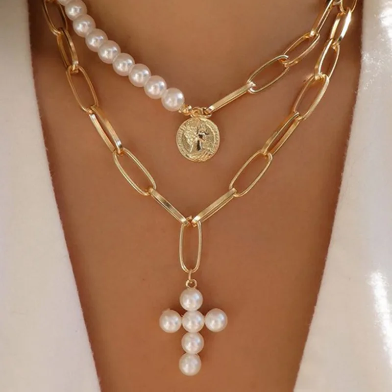 Queen Coin Pearl Cross Pendant Necklace Multilayer Baroque Pearl 18K Gold Plated Chunky Chain Pearl Cross Choker Necklace