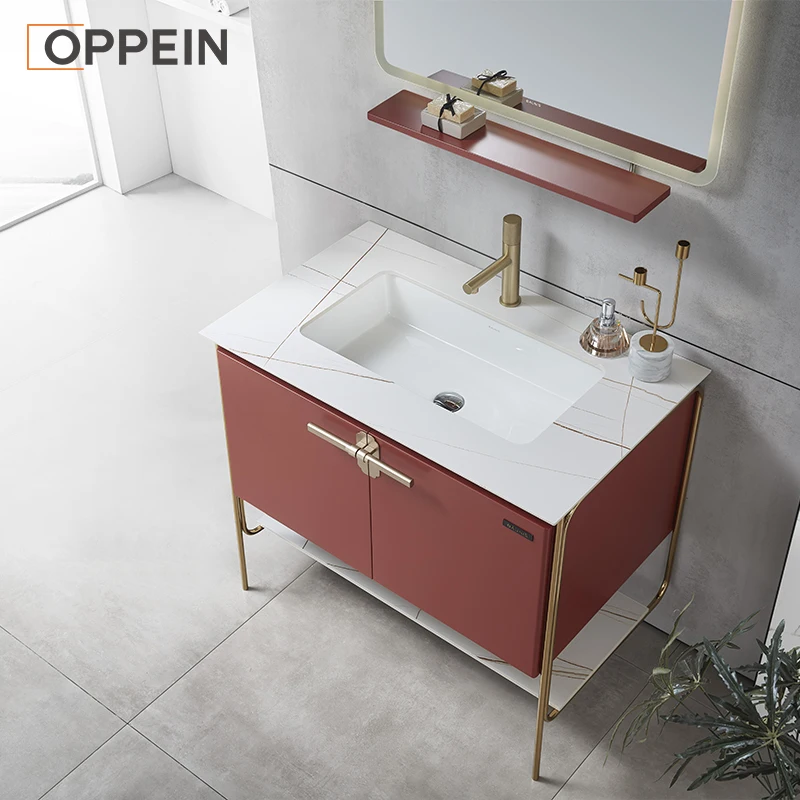 OPPEIN sinks faucets led vanity mirror red white sintered stone top luxury bathroom vanity floating bathroom cabinet