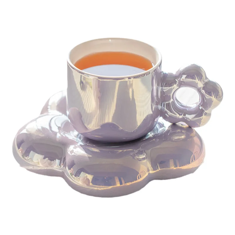 Migo inductive rainbow color pearlescent mug gift cloud ceramic tea cup flowers coffee cups and saucer set
