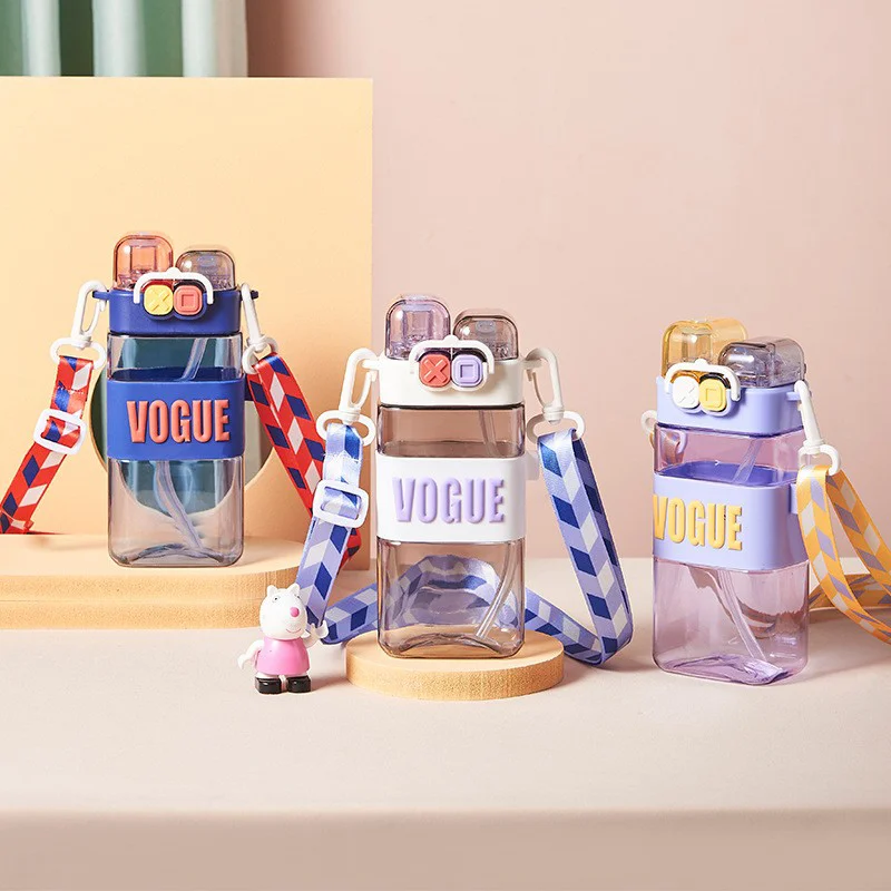 Double Drinking Straw Cup Plastic Double Lid Direct Drinking Drinking Creative Cute Water Bottle for Kids