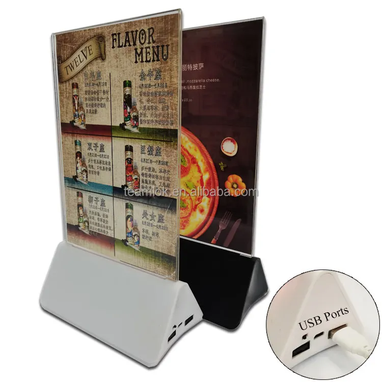 Menu Holder Power Bank Advertising LED Display Stand 2 USB External Battery Charger Multiple Charging Station
