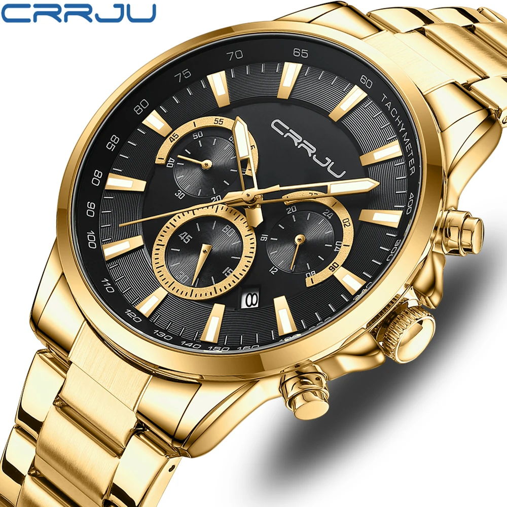 CRRJU newest  top brand luxury 316L stainless steel chronograph luminous wrist quartz watch for men