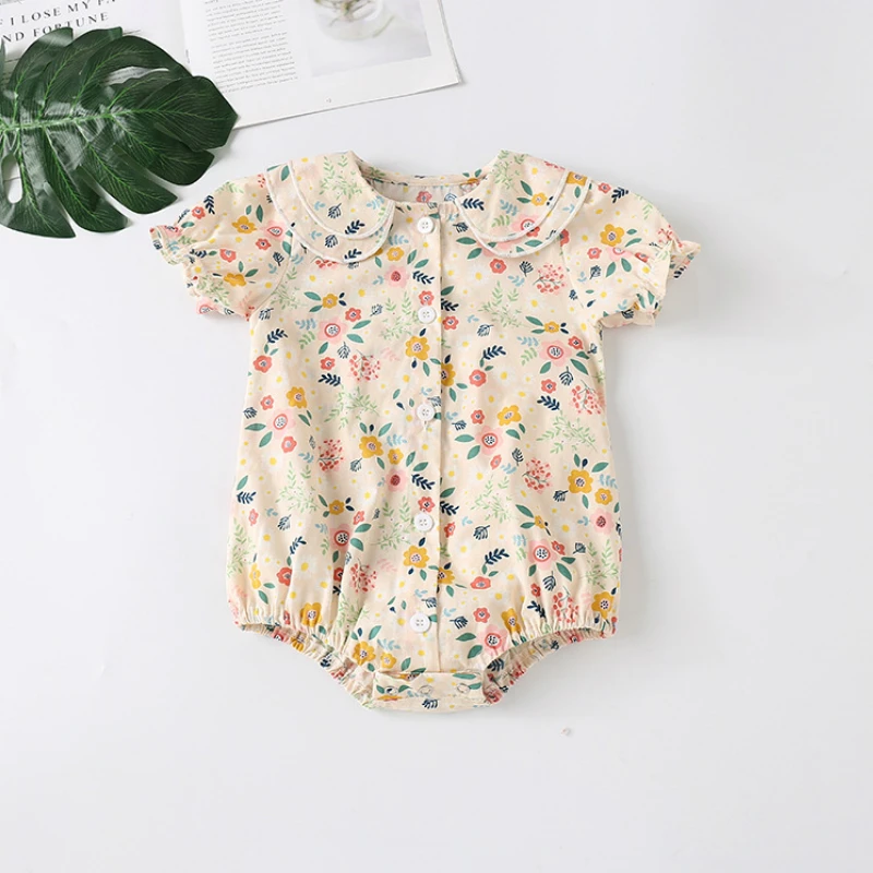 Korean Style Summer Baby Romper Tops Sweet Floral Print Single Breasted Peter Pan Collar Short Sleeve Baby Girl Bodysuit 0-24M