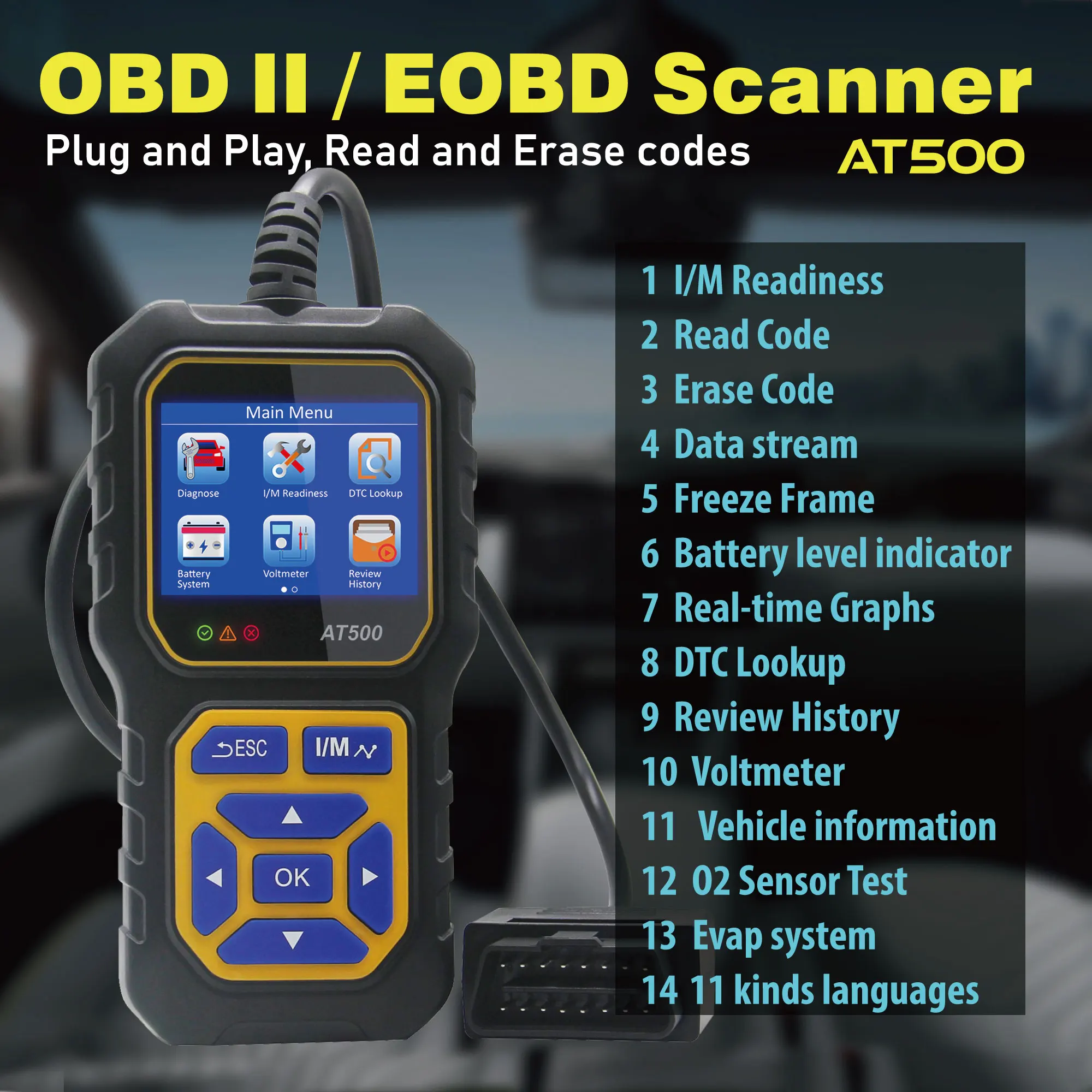 OBD2 Scanner, AT500 OBD2 Scanner Diagnostic Tool Car Engine Fault Code Reader & Erase Check Engine Light Car Scan Tools for Most