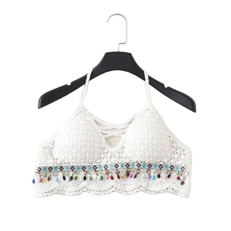 Bohemian national style lace up backless chest hollowed out hanging neck top embroidery knitted suspender vest beautiful back