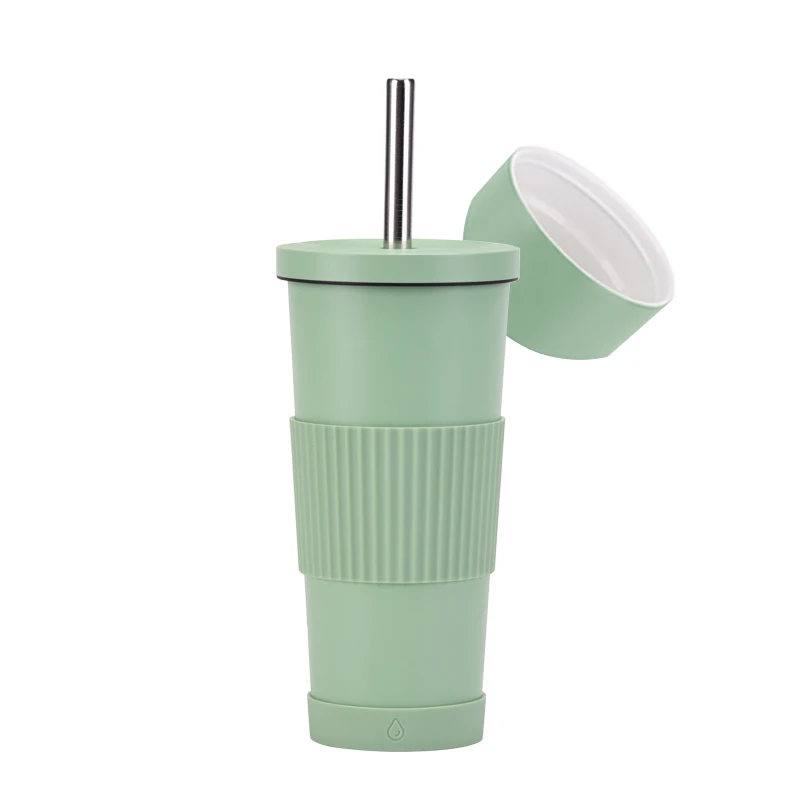 2024 new 710ml stainless steel straw tumbler women ceramic liner milk tea tumbler non-slip portable straw insulation tumbler