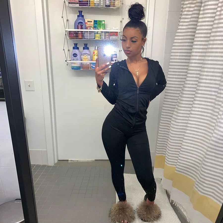 S1738394 Finger Hole Zipper Hooded Top Leggings Casual Outfit Fitness Sportswear Solid Sporty Two Piece Set Women