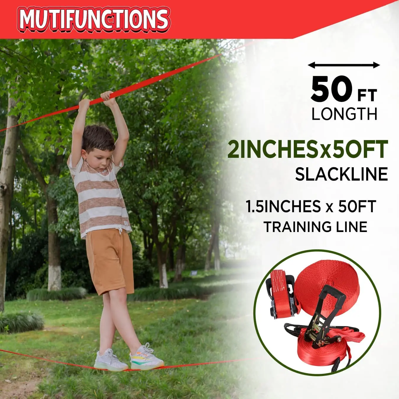 2x50ft children kids hanging obstacle course outdoor ninja slackline slack line red with 7 obstacles and climbing rope ladder
