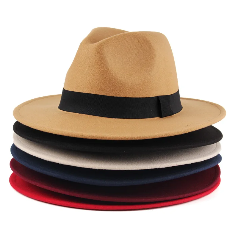Stock Unisex Women Men Felt Panama Hat Fashion Ribbon  Dressing Wide Brim Cowboy Cowgirl Fedora Hats