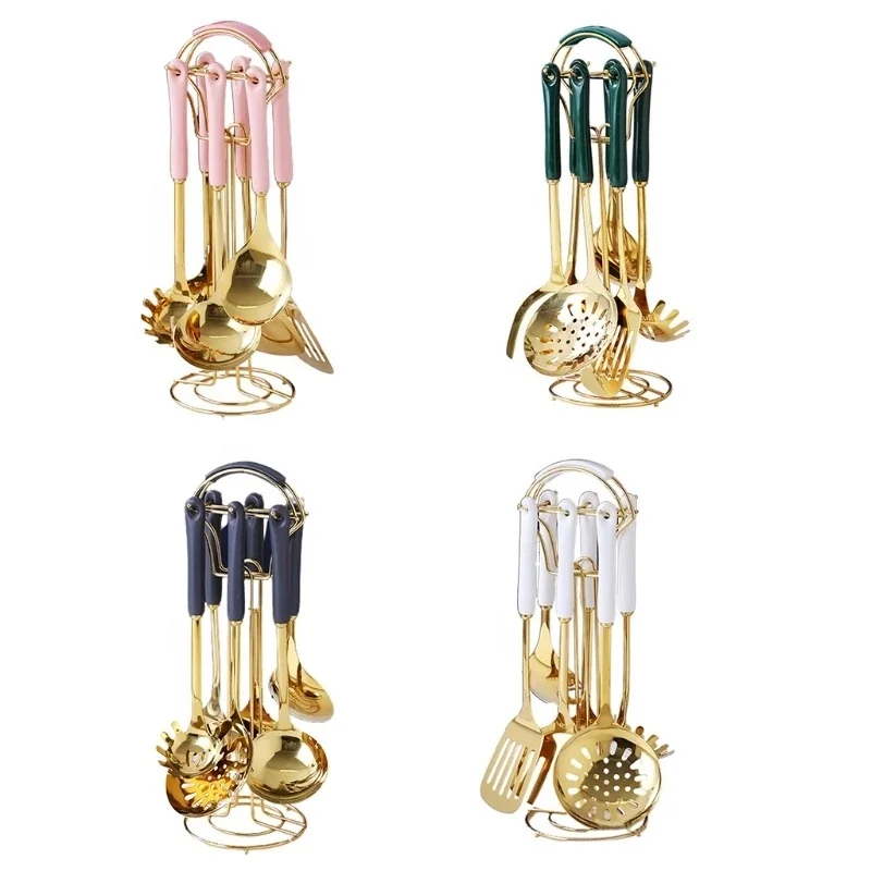 Nordic Light Luxury 7Pcs Kitchen Utensil Set Stainless Steel Cooking Spoon Spatula Shovel with Ceramic Handle Carousel