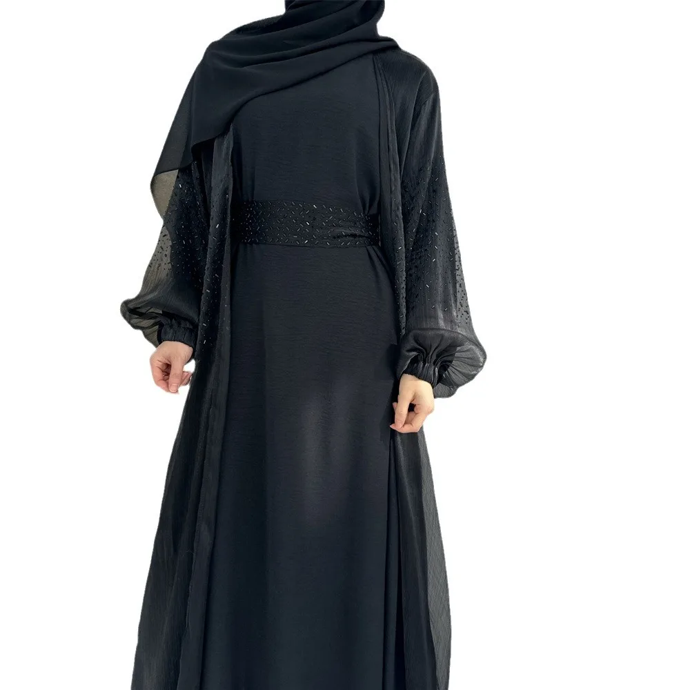 3 PC Set Open Abaya With Hijab Puff Sleeve Shinny Beads Women Dubai Muslim Dress 2024