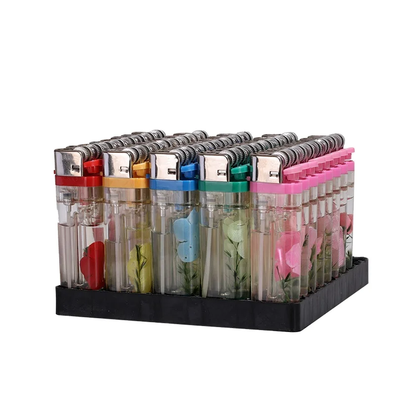 Custom Smoking Refillable Gas Lighter Feuerzeug Plastic cigarette lighter Flint Wheel Butane gas Lighters with flowers