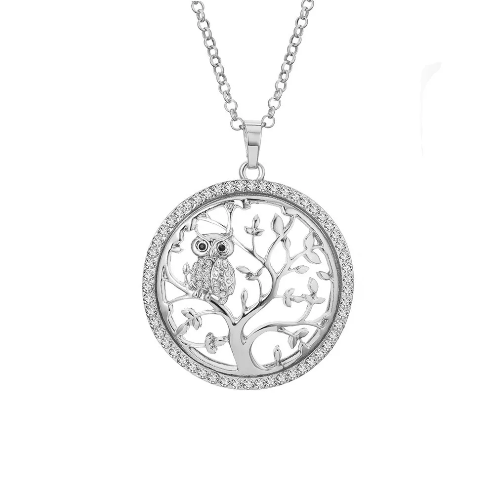 Factory Wholesale New Fashion Alloy Pendant Rhinestone Gold Rose Gold Tree Of Life Owl Necklace For Girls Gift