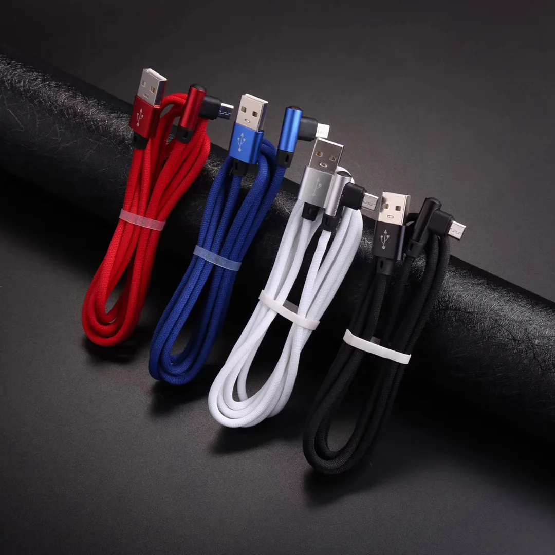 1m 3 feet cloth Braided micro v8 android 90 degree single right Angle bend Charger Cord usb data  power cable