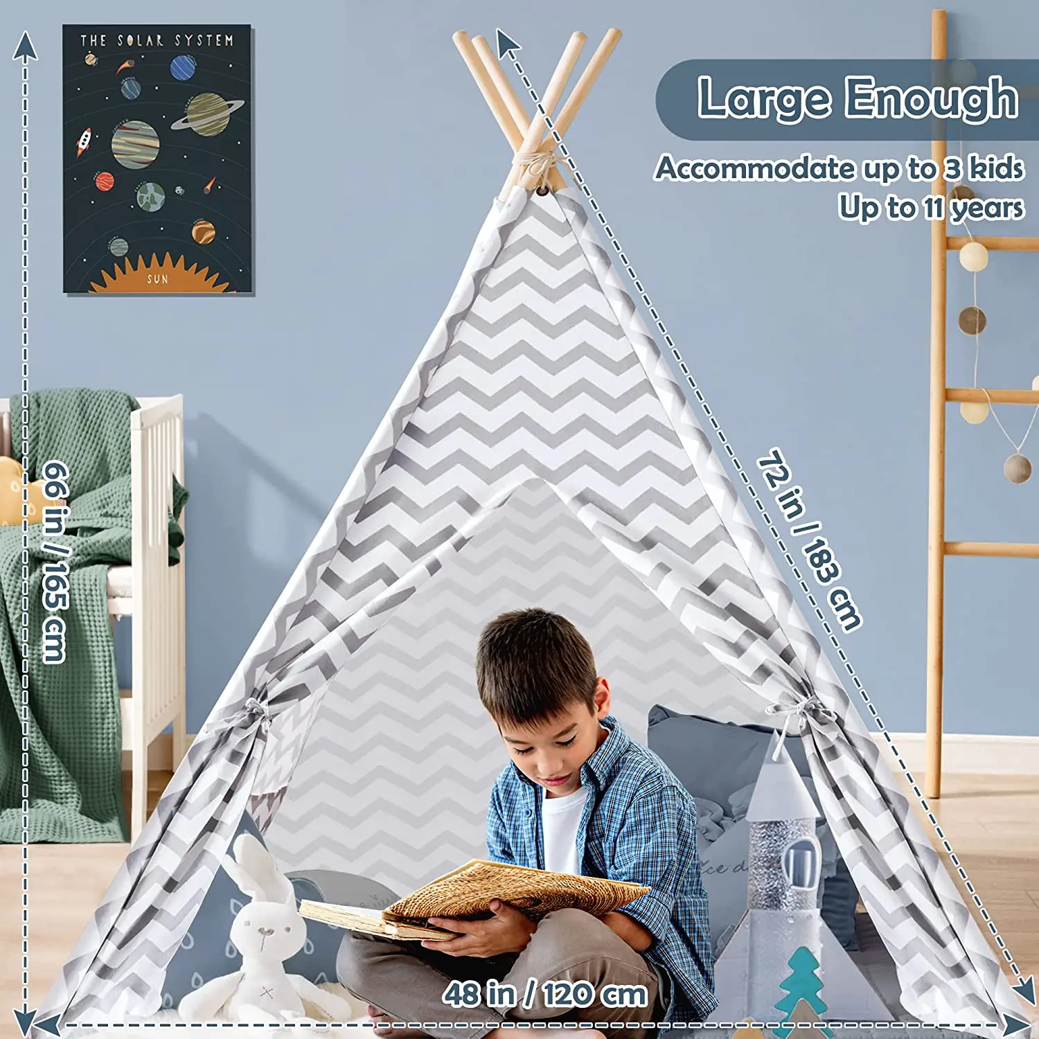 Grey Canvas Tepee Tent with Mat & Light String, Kids Foldable Play Tent for Indoor Outdoor Portable Playhouse