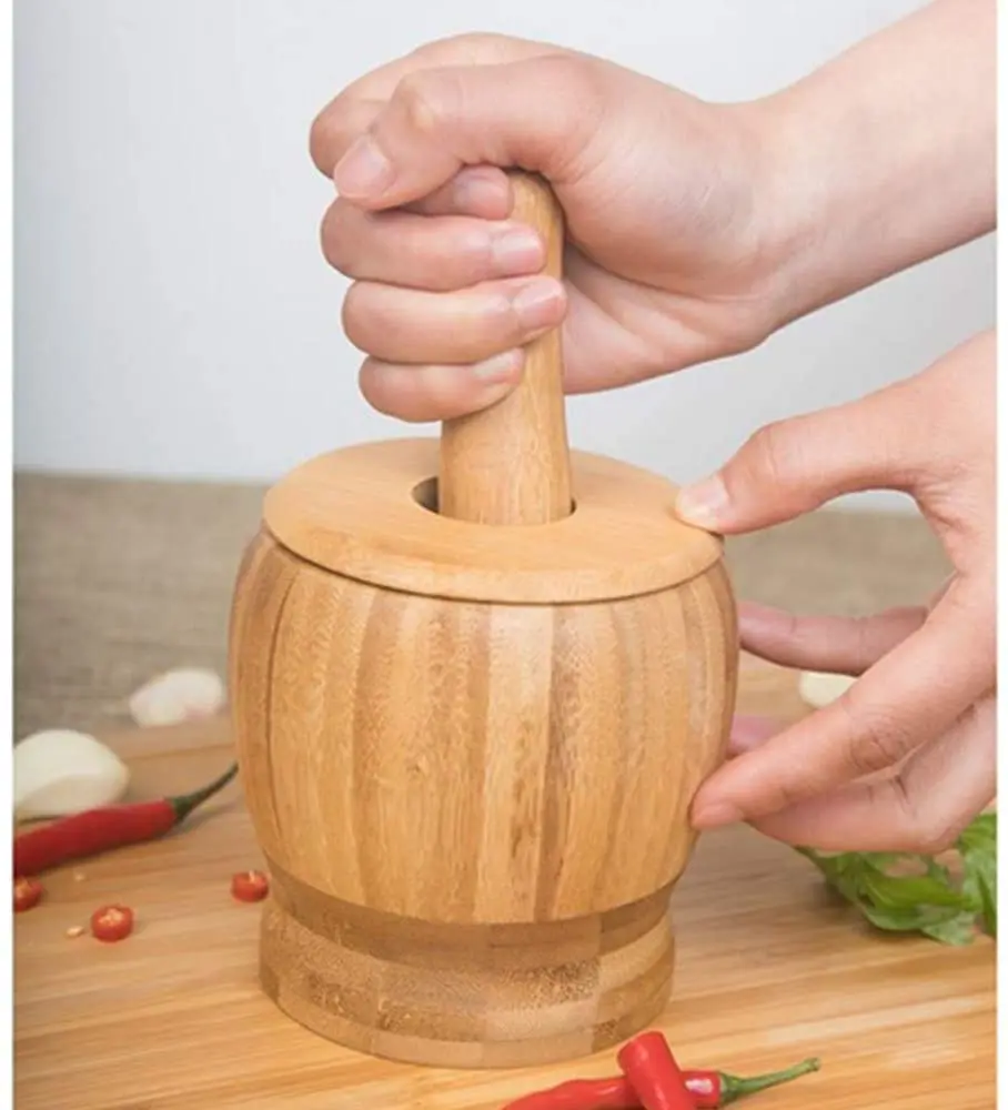 Набор Для Измельчения специй измельчитель для и чеснока с крышкой ложкой 100% натуральное бамбуковое дерево