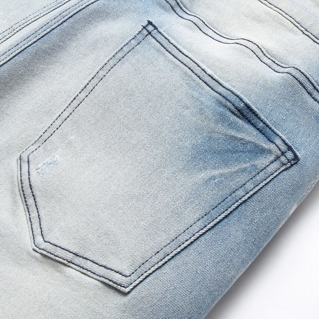 AeeDenim OEM ODM Logo AM light blue elastic slim small straight knee hole cashew flower digital printing denim jeans