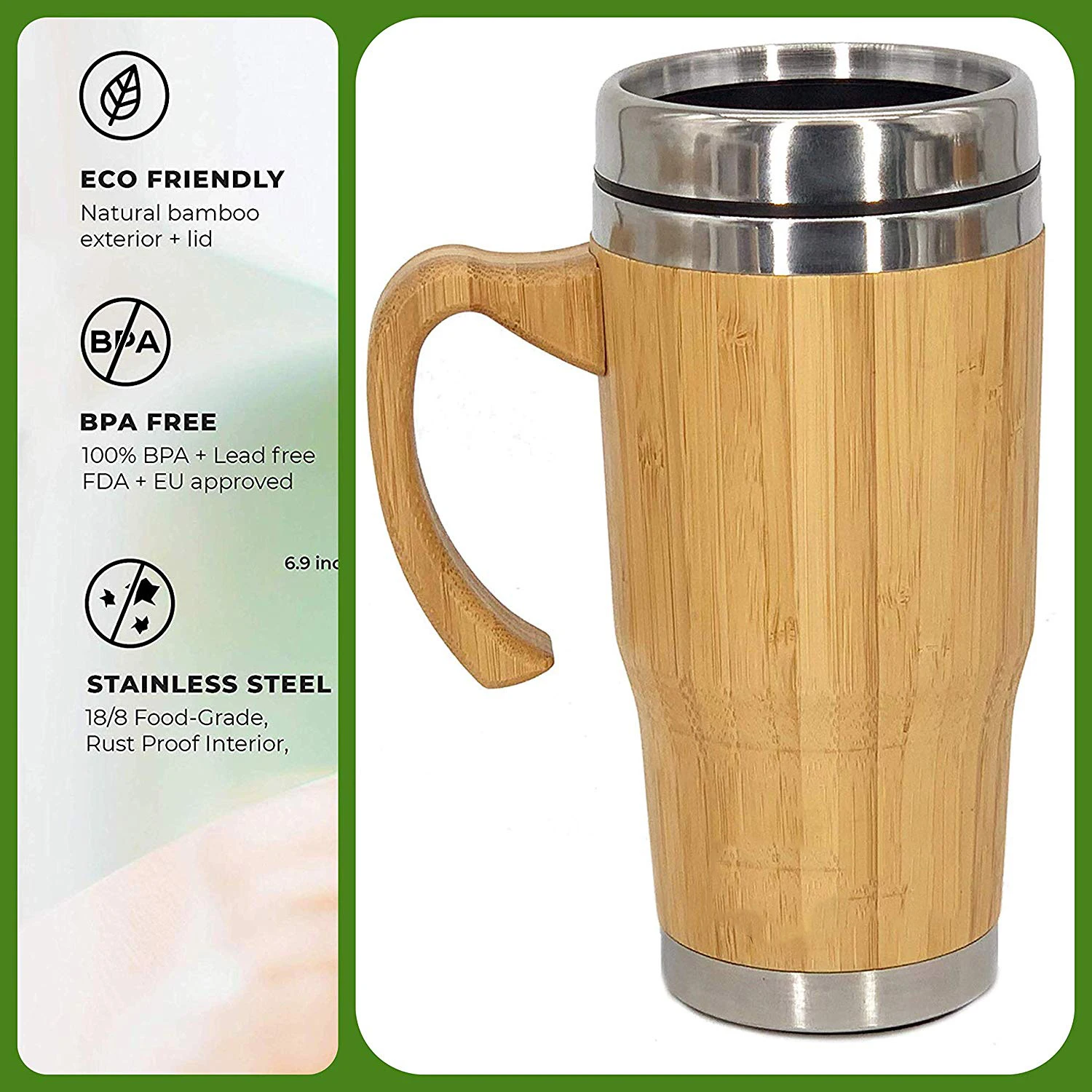 Bamboo Travel Mug with Handle - Leak Proof Lid, Eco-Friendly Tumbler Insulated, Splash Proof Cup for Coffee or Tea. 16 Oz