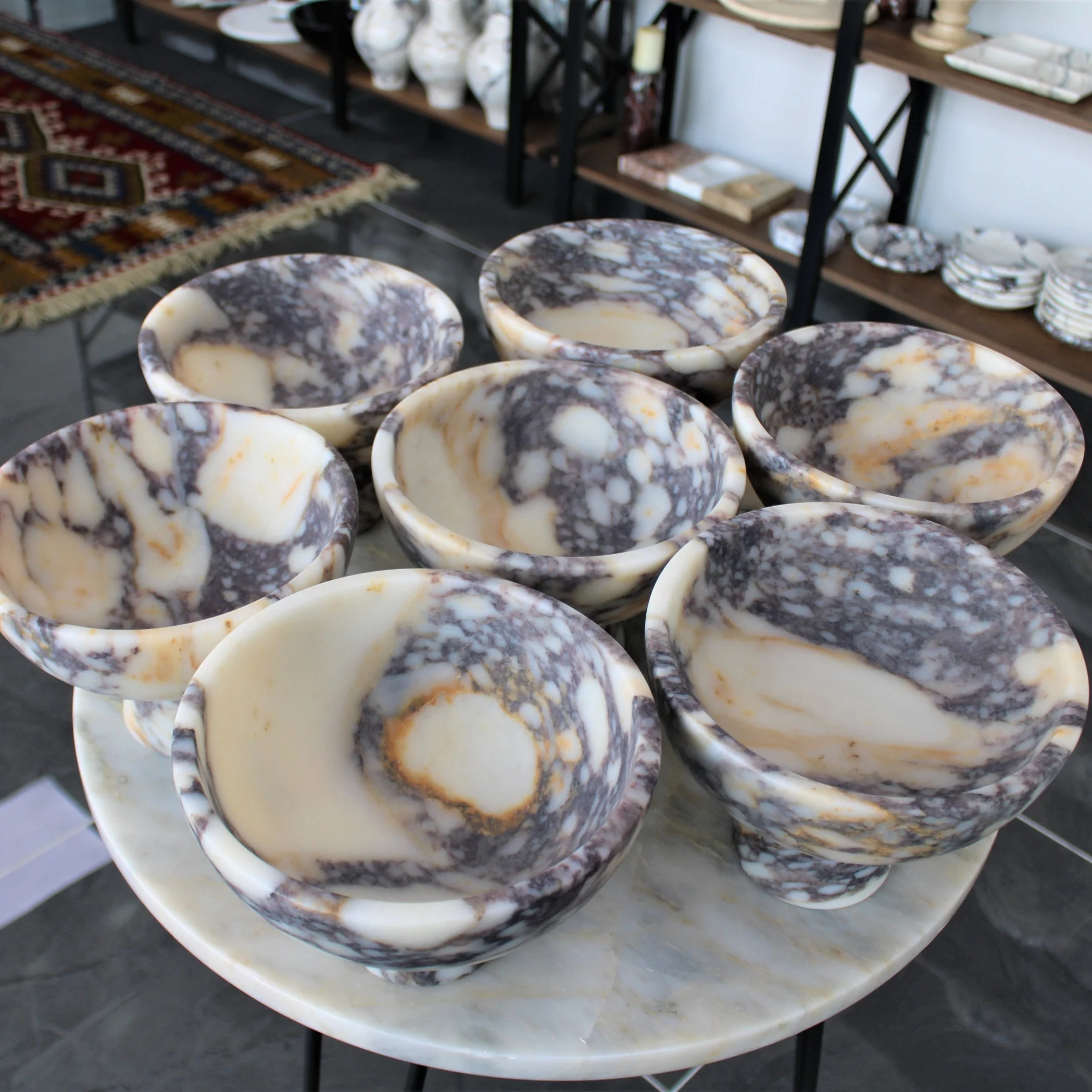 stonekocc D20xH15CM Luxurious Natural Calacatta Viola Marble Stone Pedestal Curved Serving Bowl Home Decoration Gifts