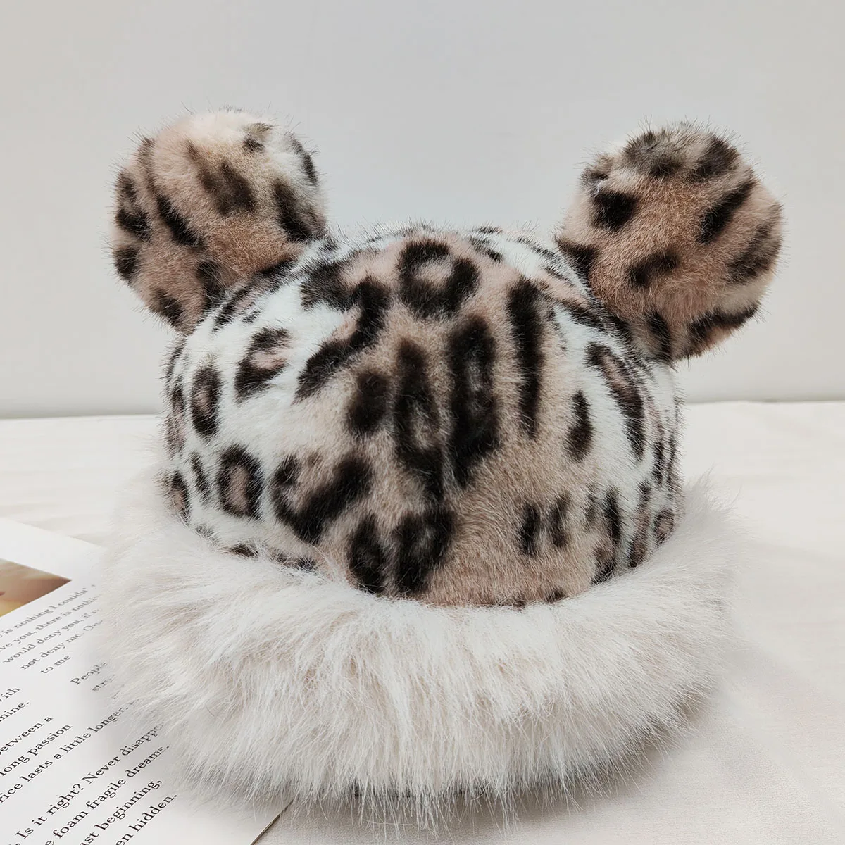 New Arrival Winter Women Plush Mongolian Fur Hat Black Leopard Print Santa Bucket Hat With Ears