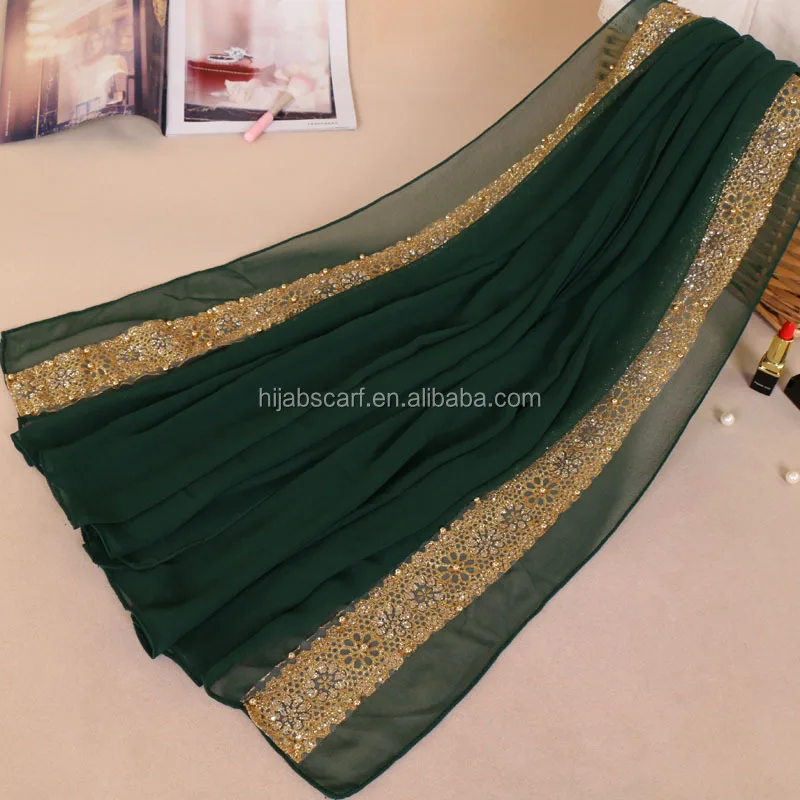Women Muslim Glitter Floral Hijab Lace Silk Gold Beads Scarf Plain Hijab Lace Chiffon Shawl