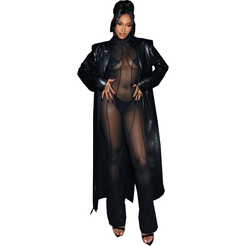 winter female ladies high quality black faux pu leather long cardigan windbreaker women leather jacket 2023 coat for women