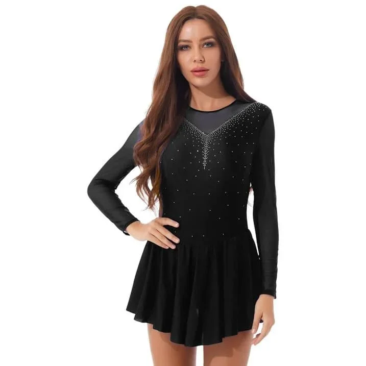 Figure skating dress long sleeves costumes women girls ice skating skirts latin dance dress black ladies dress