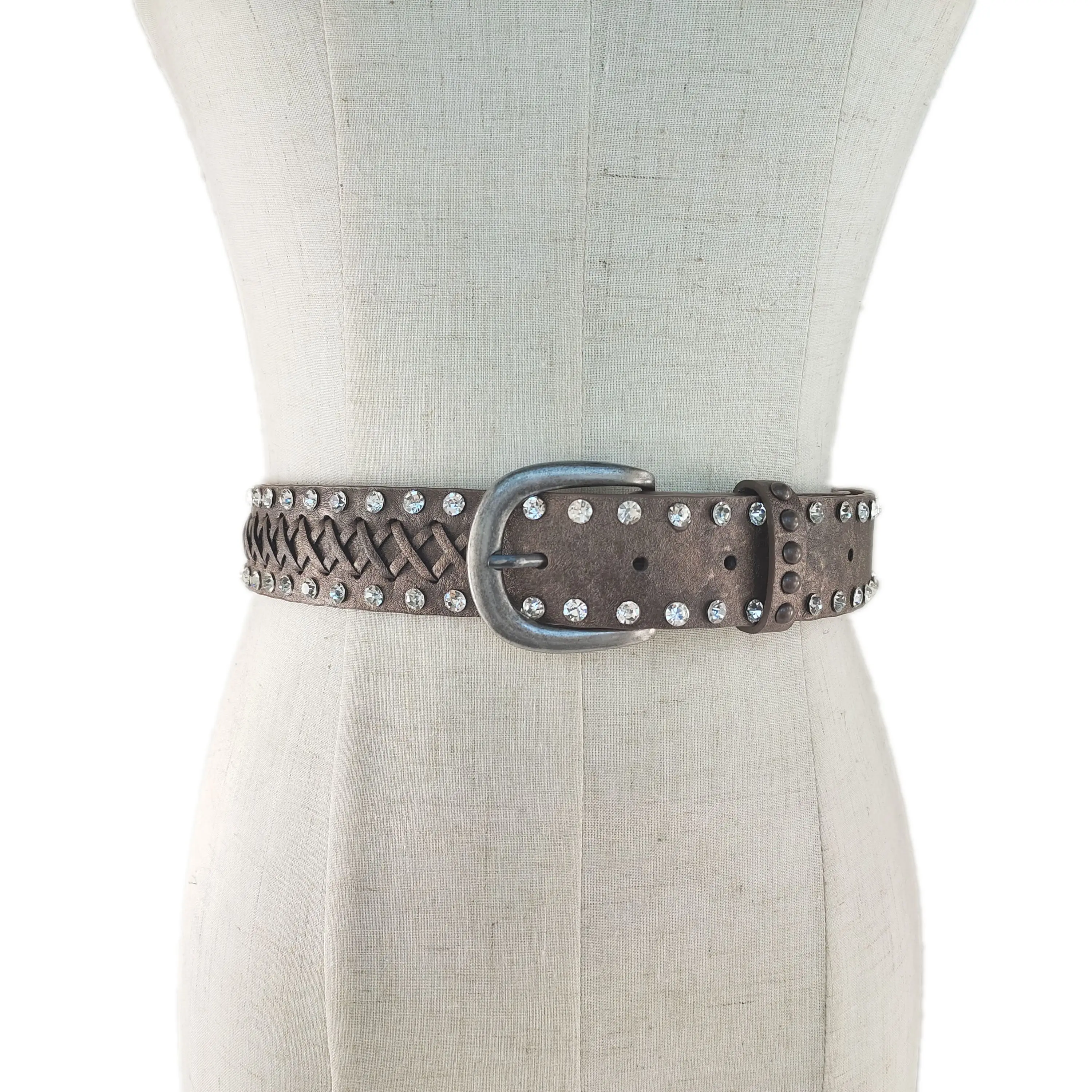 Коричневый Дамская мода тканые Ретро ремень с бриллиантом двухрядный булавка пряжка