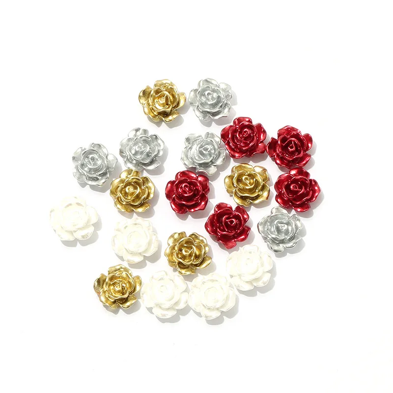 Shiny Pearlized Flower Beads 12mm Flat Back Acrylic Rose Flower Cabochons DIY Jewelry for decorate shoes and clothes