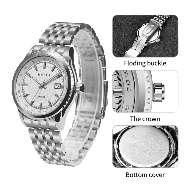 Dropshipping HALEI mens luxury watch brands fashion classic stainless steel water proof 3bar quartz mens watch