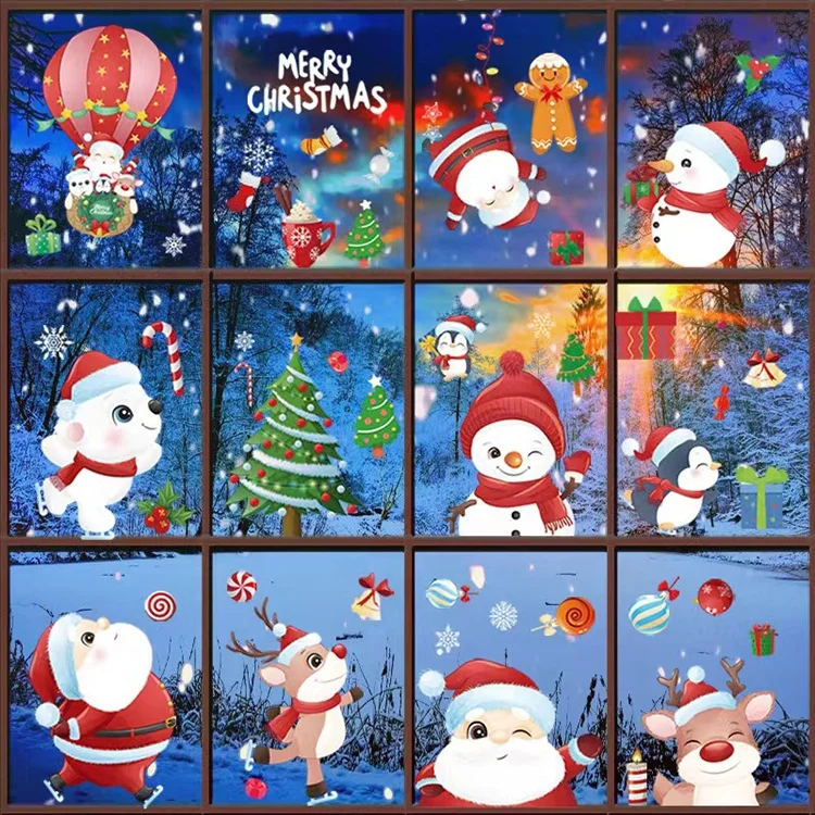 New hot air balloon santa claus elk snowman waterproof christmas tree window stickers