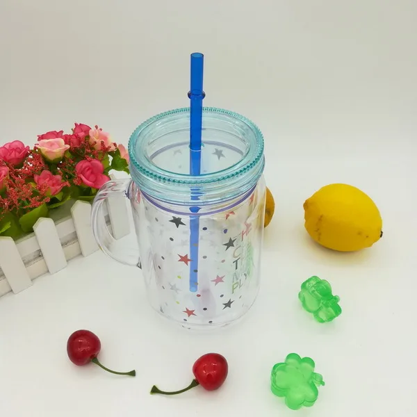 Factory sale mason jar with handle and straw double wall mason jar