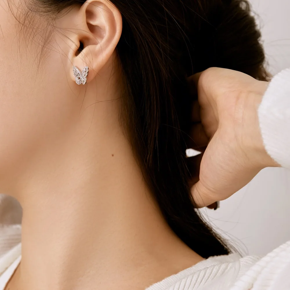 Dylam Stylish Tine Design 925 Sterling Silver Rhodium Plated 5A Cubic Zirconia Diamond Butterfly Shape Stud Earrings for Women