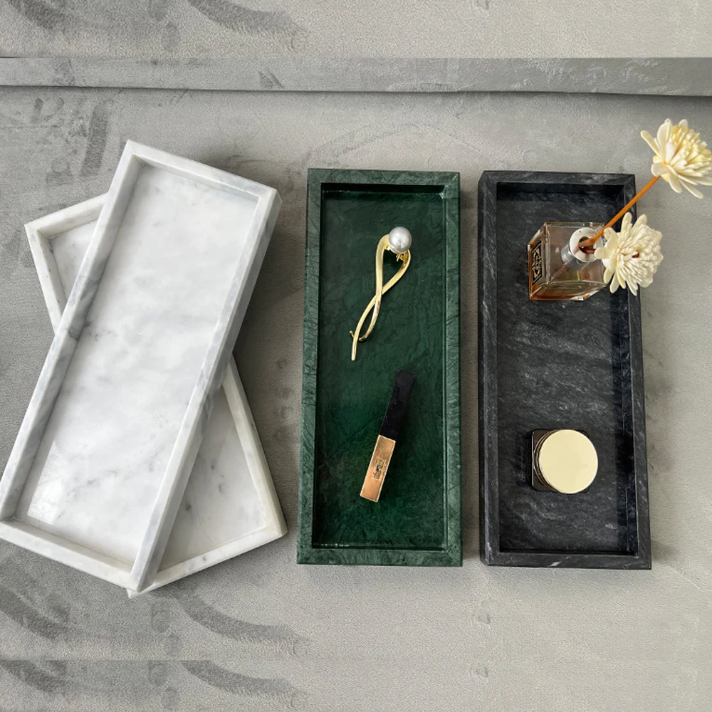 wholesale natural luxury small rectangle 13x30cm white green marble stone serving trays