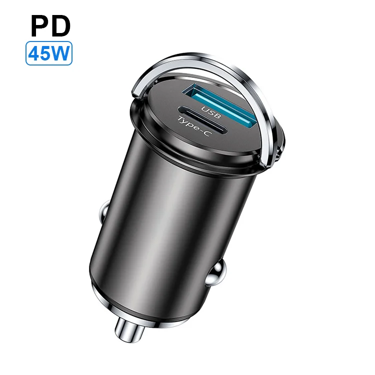 45W Pull Ring PD Type C USB A Car Charger DC12V 24V Smart Phone Mini Power Adapter Fast Charging QC 3.0 Zinc Alloy 2 ports