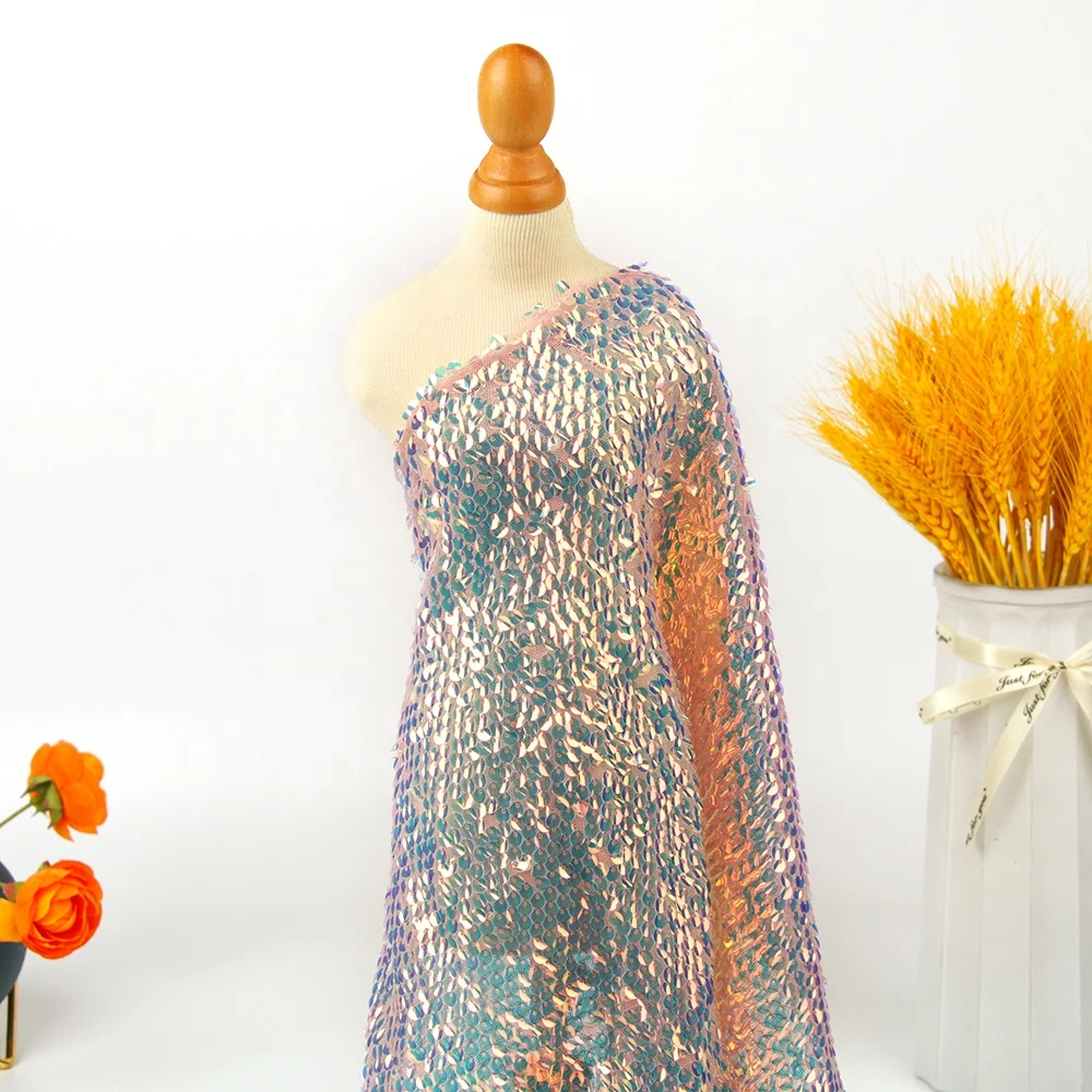 2022 upscale bridal gown colorful luminous concave convex fish scale sequin embroidery fabric  for evening dress stage w