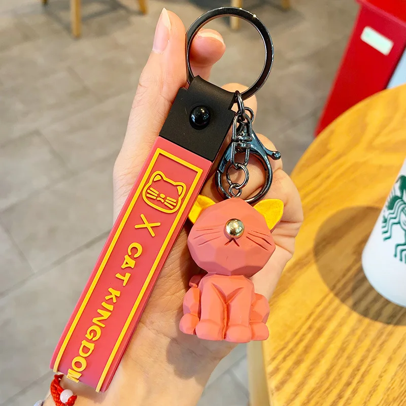 KC293C Wholesale Cartoon Resin Geometric Cat Keychain Fashion Bag Car Bag Pendant Cat Key Chain for Girl