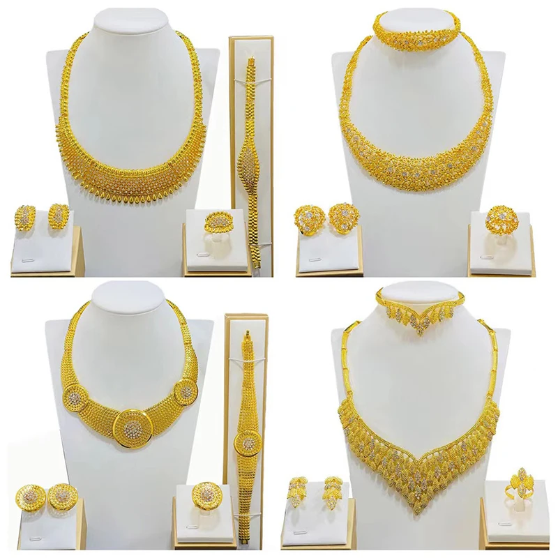 Wholesale Dubai 24K Gold Ornament Jewelry Suit Necklace Earring Bracelet Ring Indian Four-Piece Set for Women