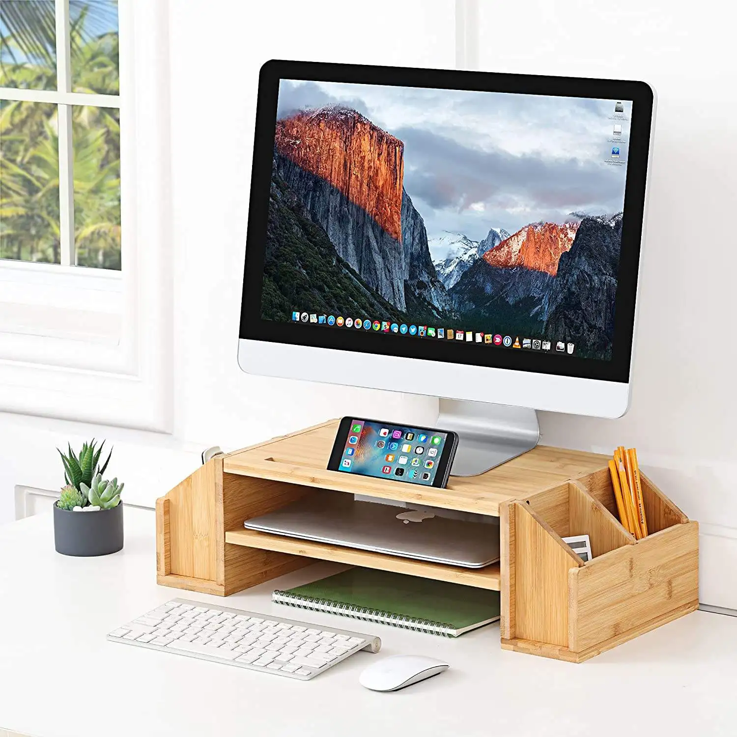 estante para tv phone stand holder computer stand bamboo desktop office organizer Monitor Stand for desk