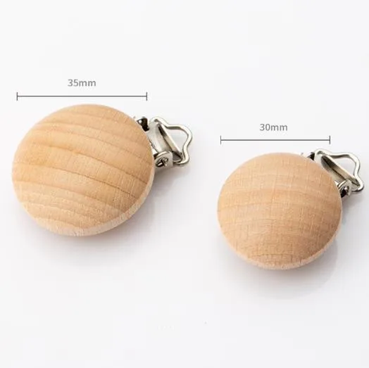 wholesale round custom 30mm wooden baby pacifier clip
