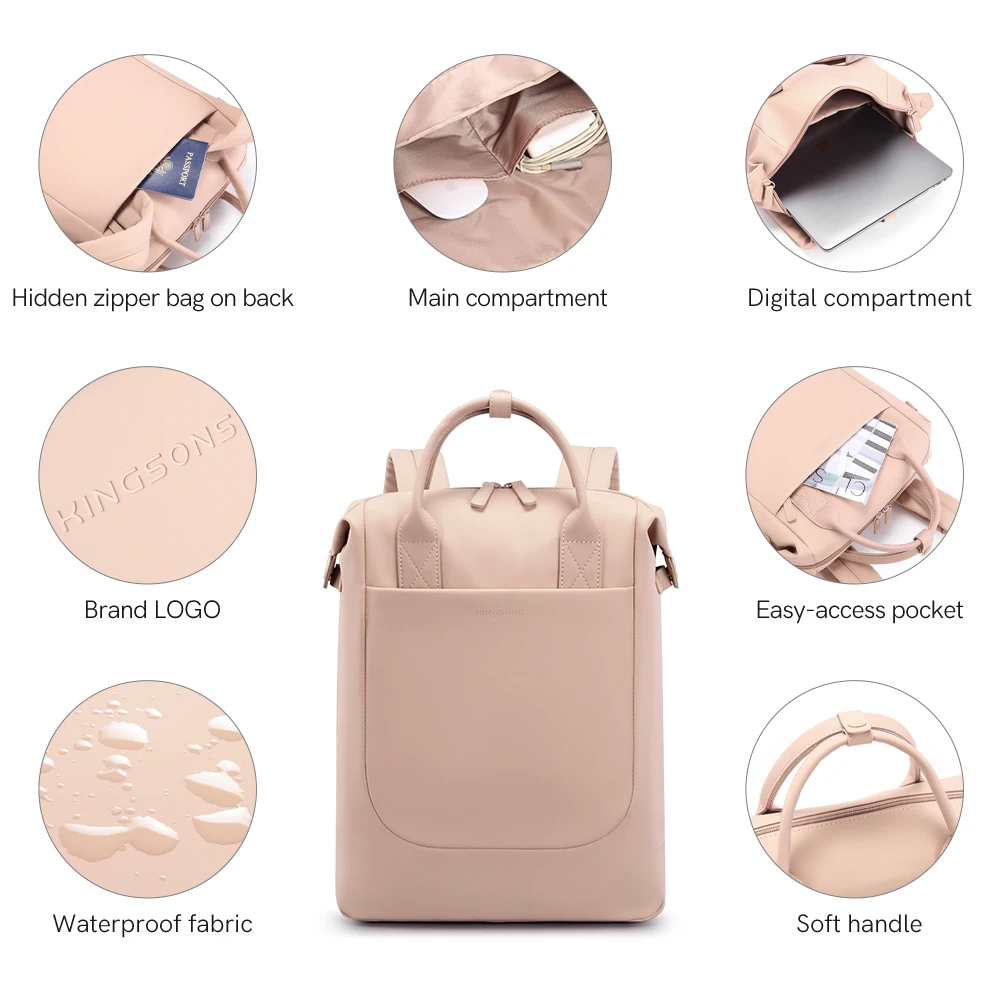 Kingsons Ladies Small laptop backpack 14 inch Girls Fashion School Waterproof backpack Travel work bag Concise casual pink