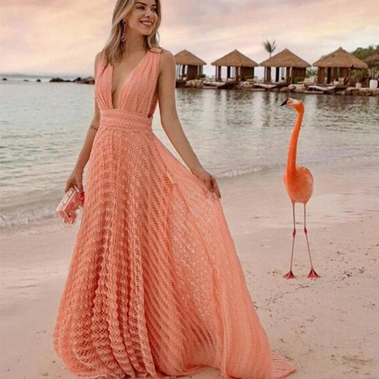 Sexy Dress Women Sleeveless Skirt V-neck Sling Long orange Evening Party Dresses