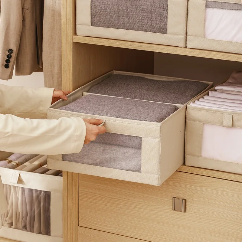 Multiple sizes Cube Collapsible Clothes Storage Bin with Mesh Window Linen Fabric Wardrobe Cloth Organizer Foldable Storage Box