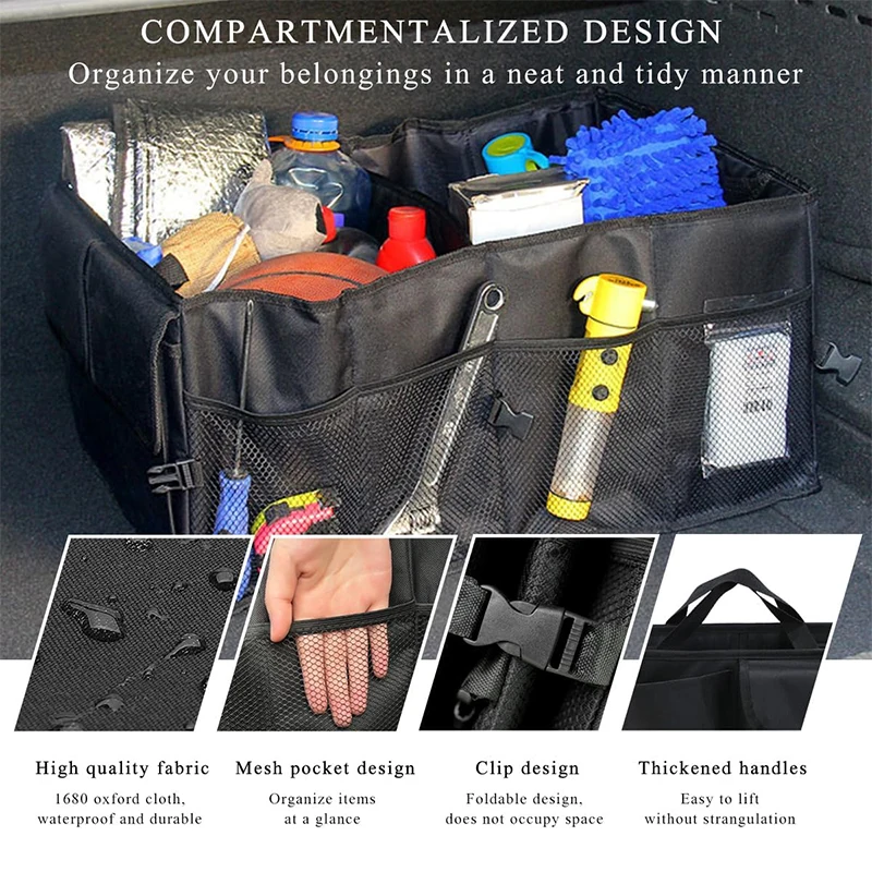 U702 Large Capacity Auto Car Trunk Backseat Organizer with Soft Handle Collapsible Multi Compartment Trunk Organizer for Car
