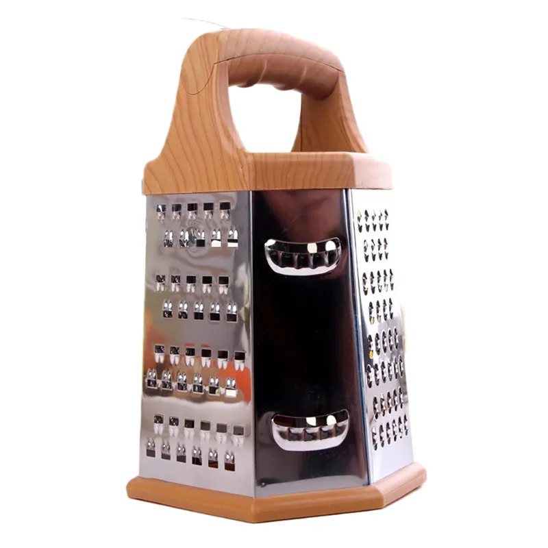 Wholesale Grain of wood Handle Stainless Steel Grater 6-Sides Non-Slip Cube Cheese Grater Vegetable For Kitchen