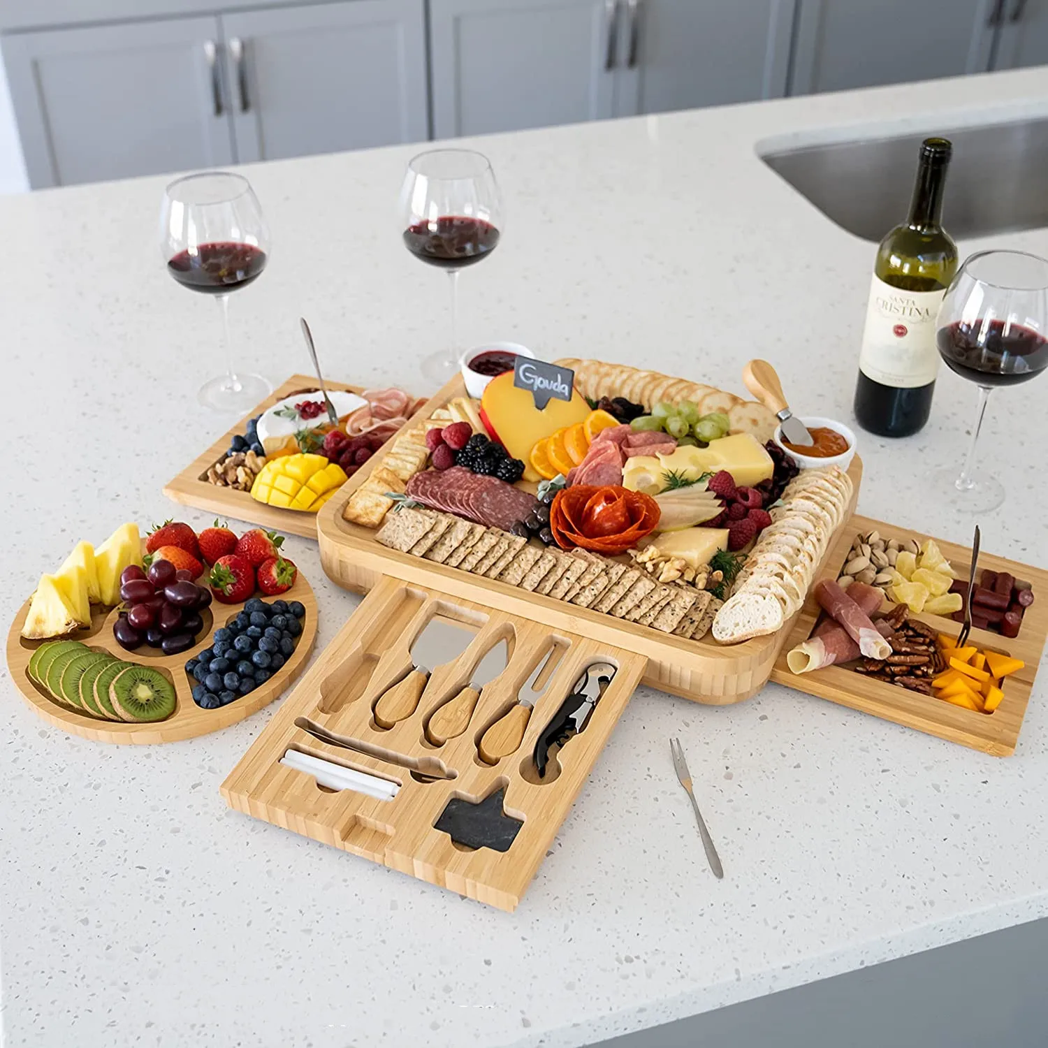 Bamboo Cheese Board and Knife Set Extra Large Charcuterie Platter Set 3-sided Serving Tray with Kitchen Accessories