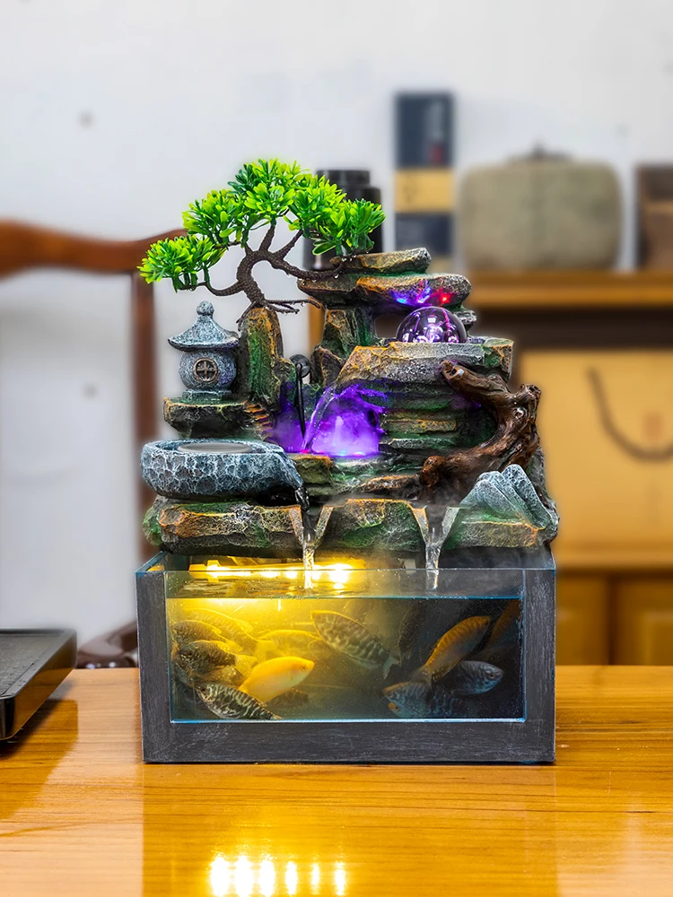 Rockery Running Water Fountain Money-Making Fengshui Wheel Table-Top Fish Tank Decorations Wealth-Seeking Furnishings
