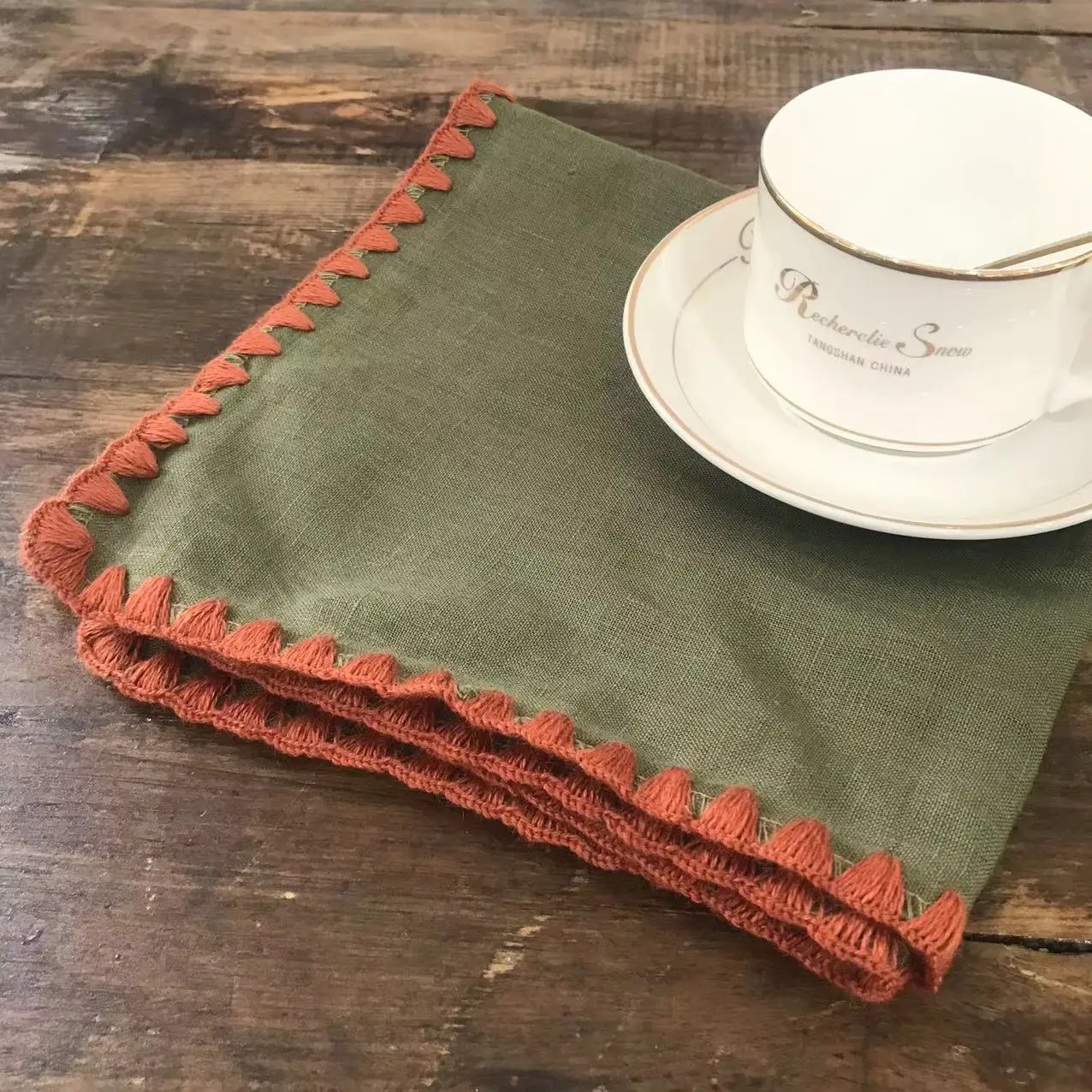 Dinner Restaurant Hemstitch Handkerchief napkin Cloth Embroidery Shell edge napkin White Linen Fabric Table Napkin