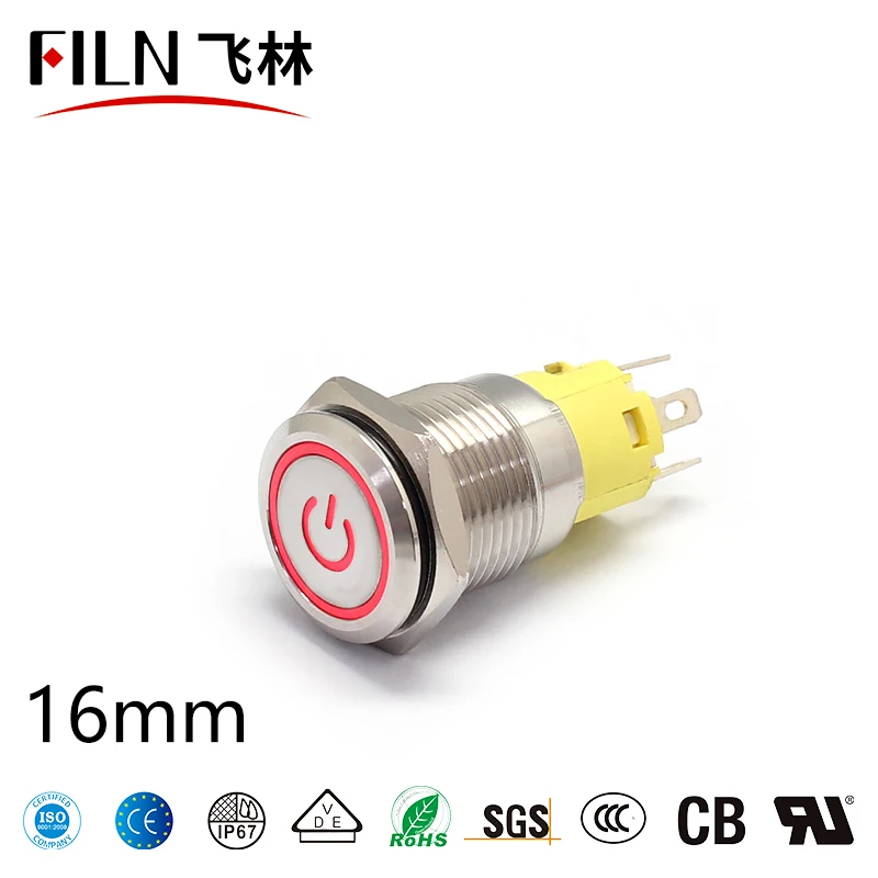 FILN 16mm stainless steel/brass nickel plated latching Momentary 1NO1NC antivandal waterproof  12V 220V led Metal Push Button